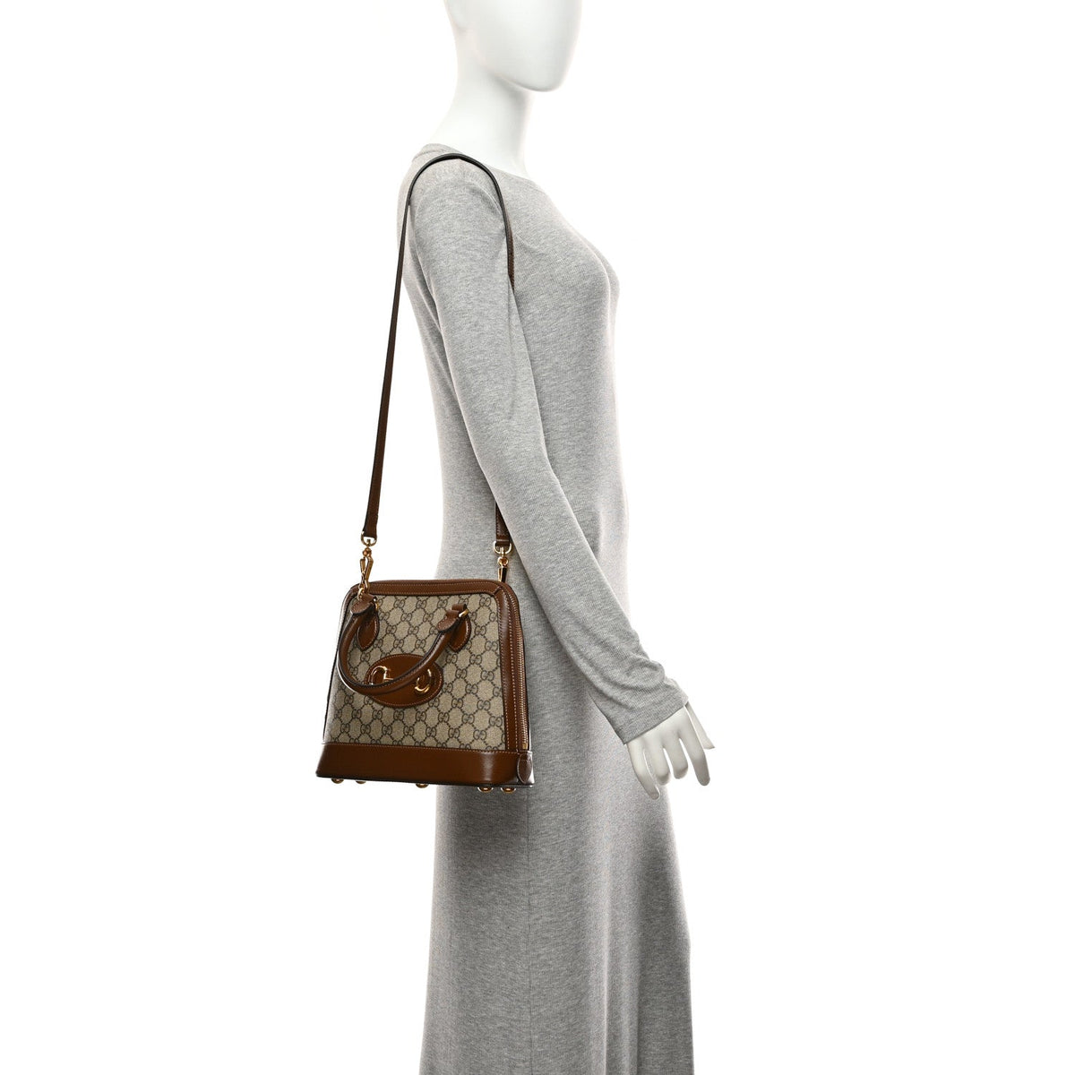 GG Supreme Monogram Azalea Calfskin Small Horsebit 1955 Top Handle Bag Beige Ebony Brown Sugar