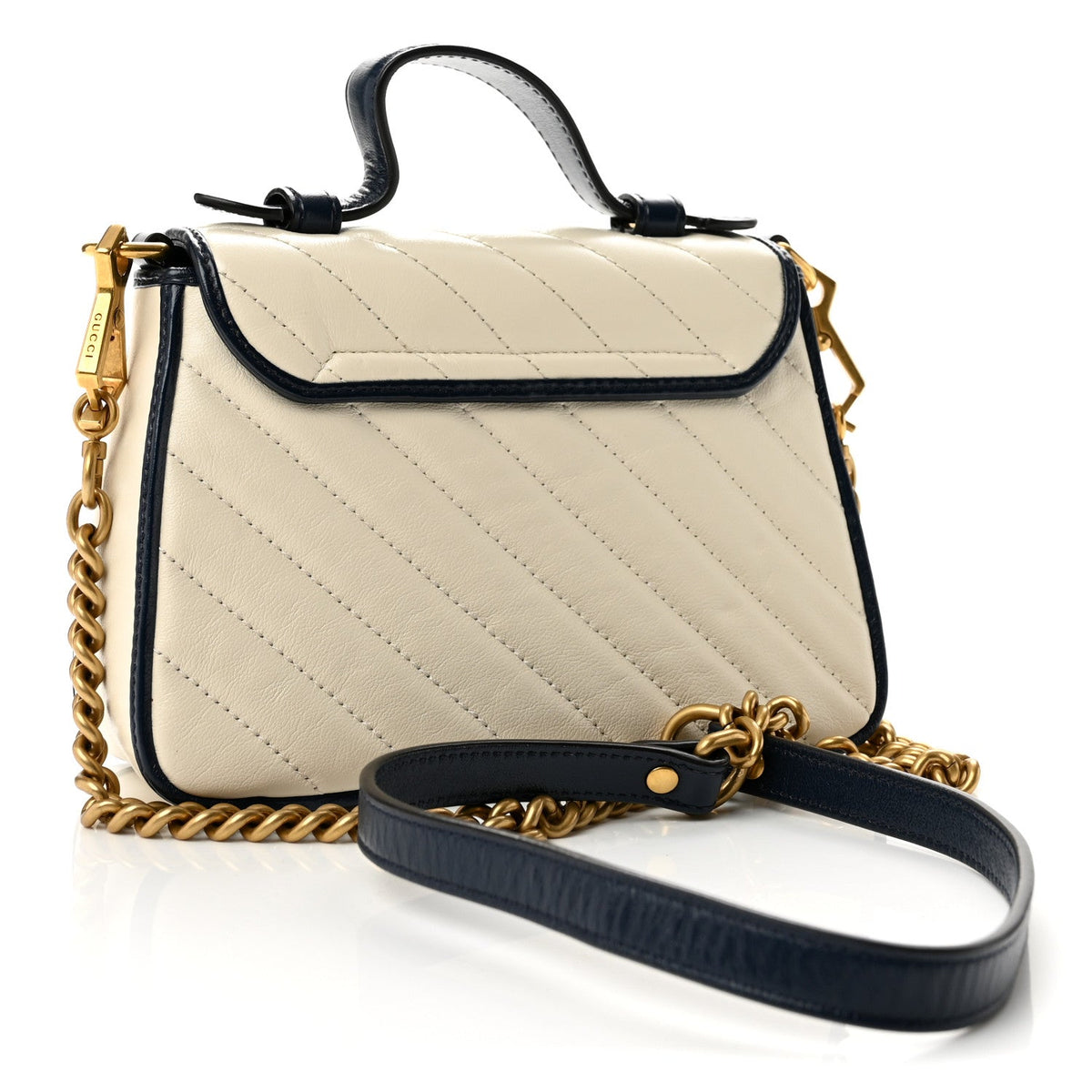 Vintage Effect Calfskin Matelasse Diagonal Mini Torchon GG Marmont Top Handle Shoulder Bag Mystic White Blue Agata