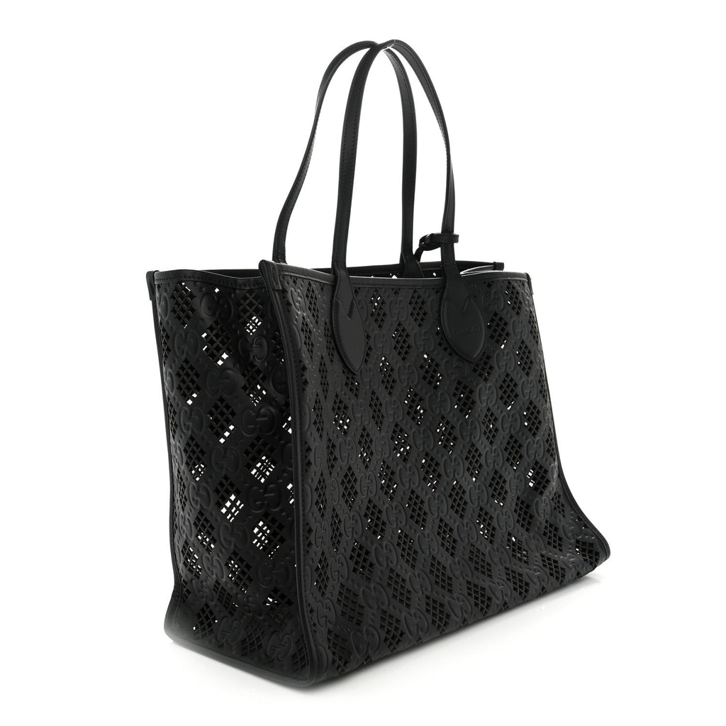 Calfskin GG Monogram Diamond Cut Medium Ophidia Tote Bag Black