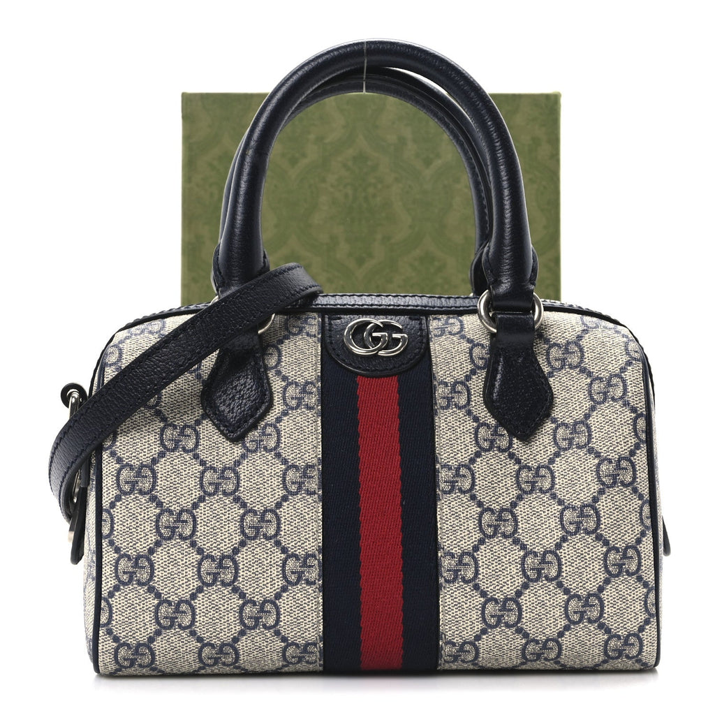 GG Supreme Monogram Textured Dollar Calfskin Web Mini Ophidia Top Handle Bag Beige Blue