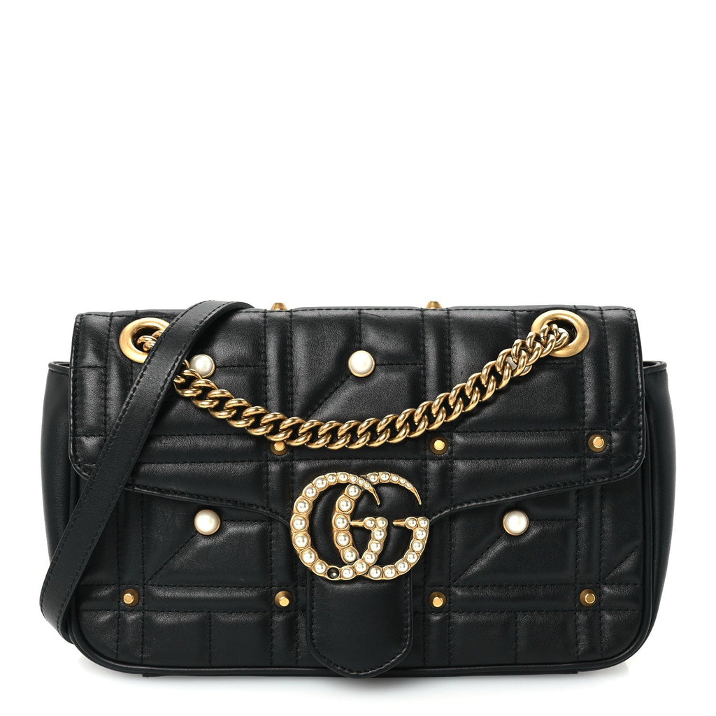 Calfskin Matelasse Studded Small Pearly GG Marmont Shoulder Bag Black