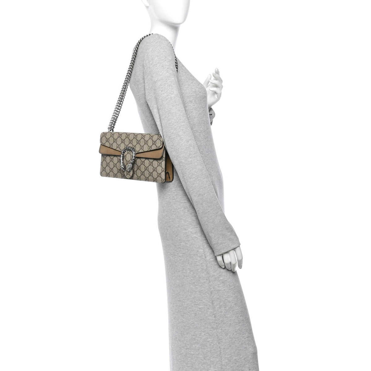 GG Supreme Monogram Suede Crystal Small Dionysus Shoulder Bag Beige Ebony Taupe