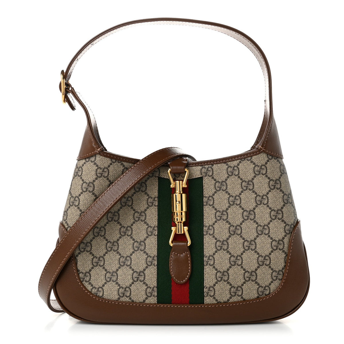 GG Supreme Monogram Azalea Calfskin Web Small Jackie 1961 Hobo Beige Ebony Brown Sugar