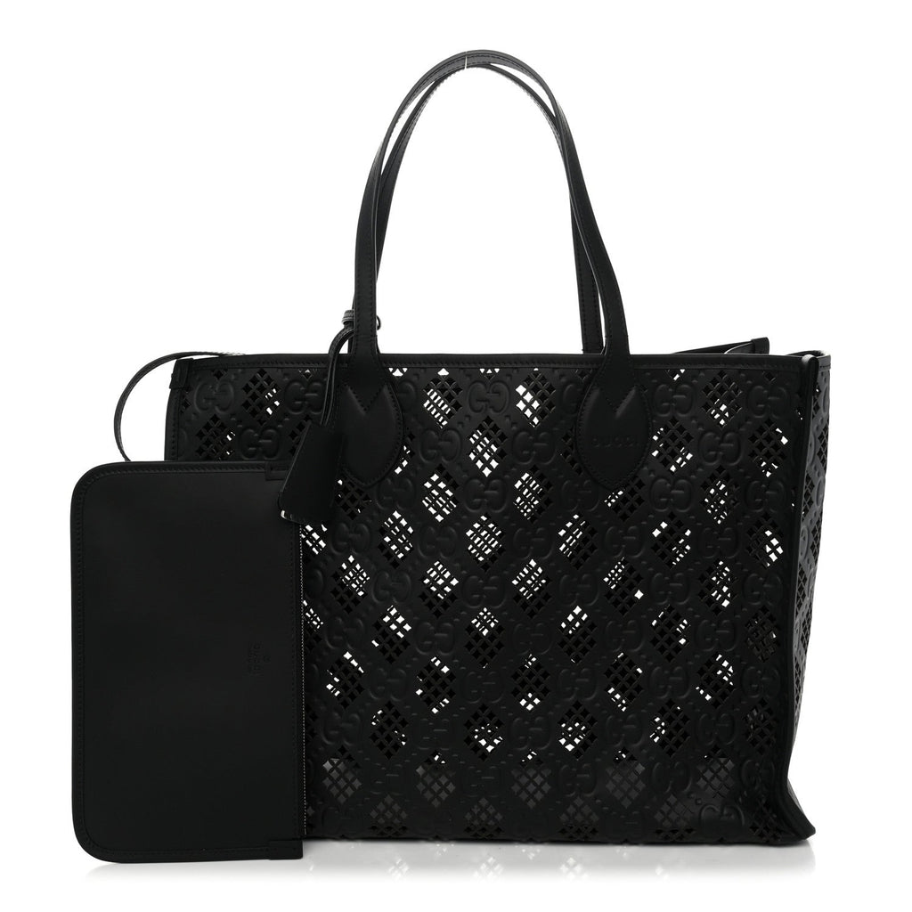 Calfskin GG Monogram Diamond Cut Medium Ophidia Tote Bag Black