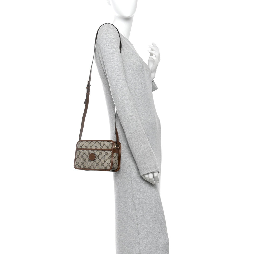 GG Supreme Monogram Azalea Calfskin Mini Retro Interlocking G Shoulder Bag Beige Ebony Brown Sugar