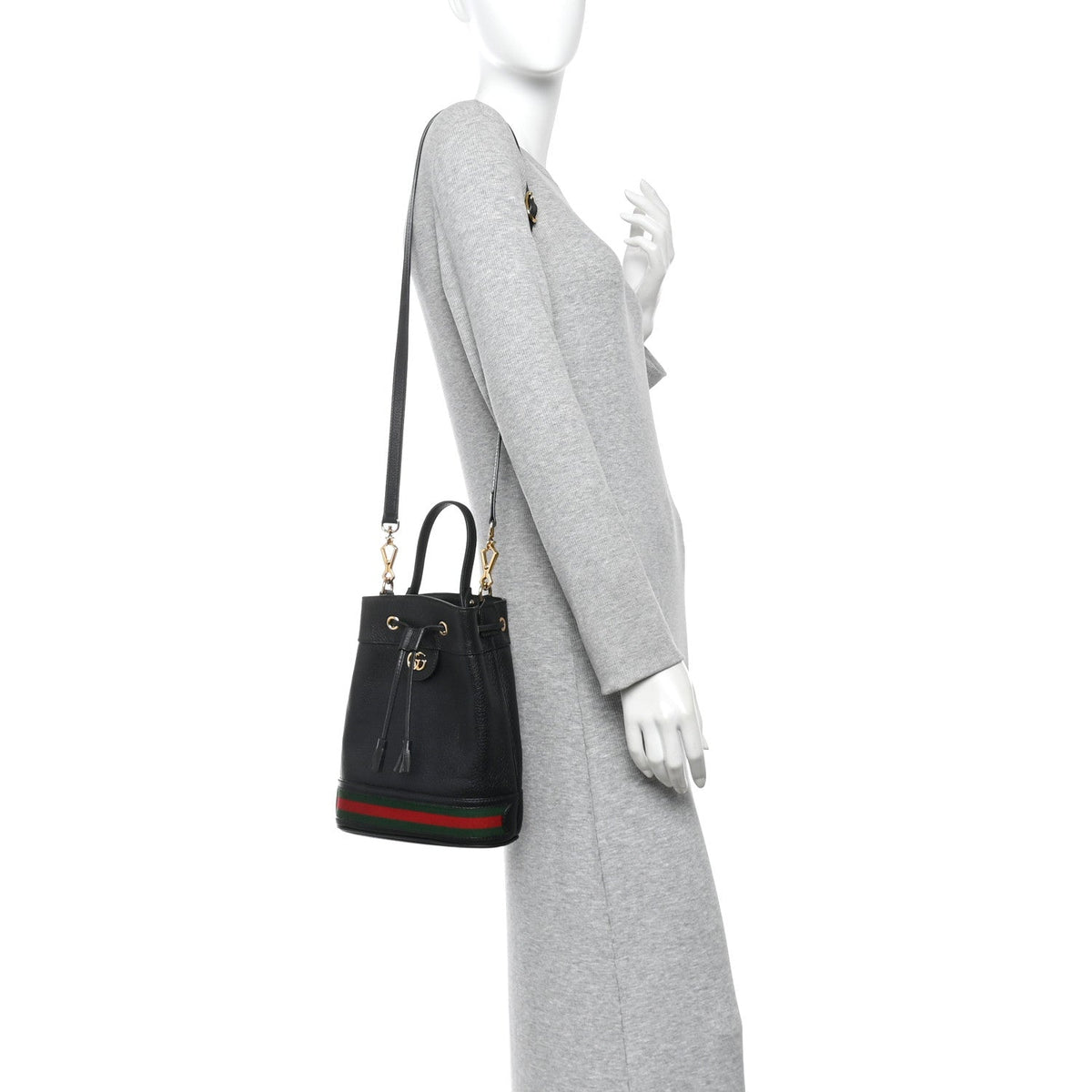 Glazed Textured Calfskin Web Small Ophidia Bucket Bag Black