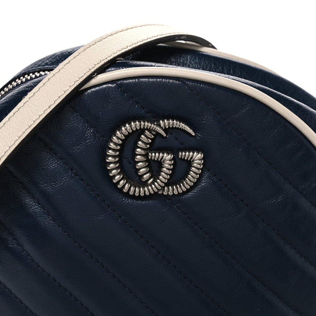 Azalea Calfskin Matelasse Diagonal Mini Torchon GG Marmont Round Shoulder Bag Blue Agata Mystic White