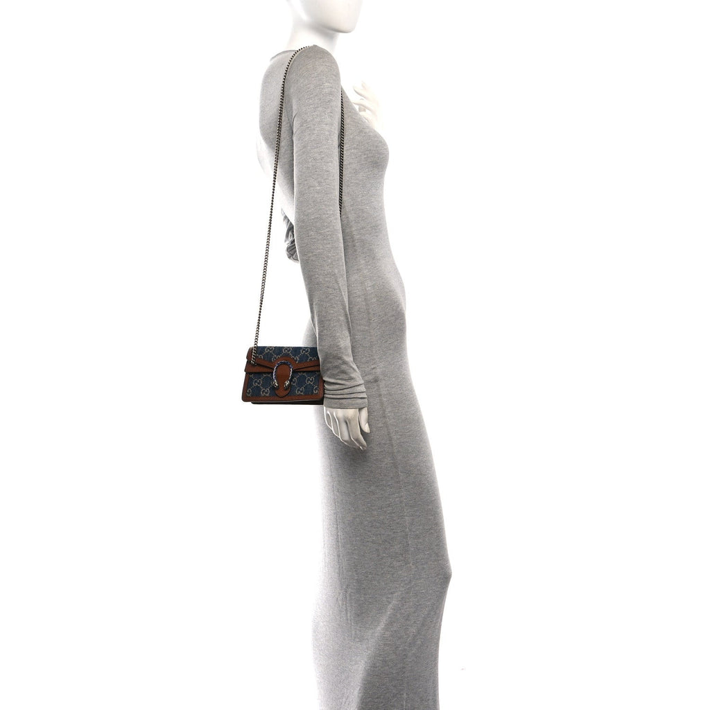 New Denim GG Monogram Dollar Calfskin Enamel Super Mini Dionysus Shoulder Bag Blue Tea Cuir Epilog Electric Blue