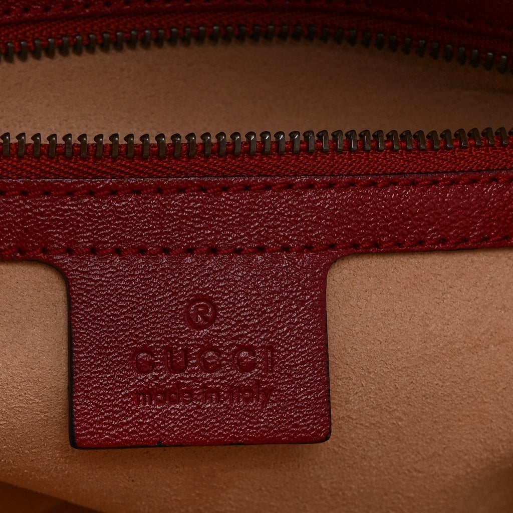 Vintage Effect Calfskin Matelasse Diagonal Small Torchon GG Marmont Bamboo Top Handle Shoulder Bag Black Romantic Cherry