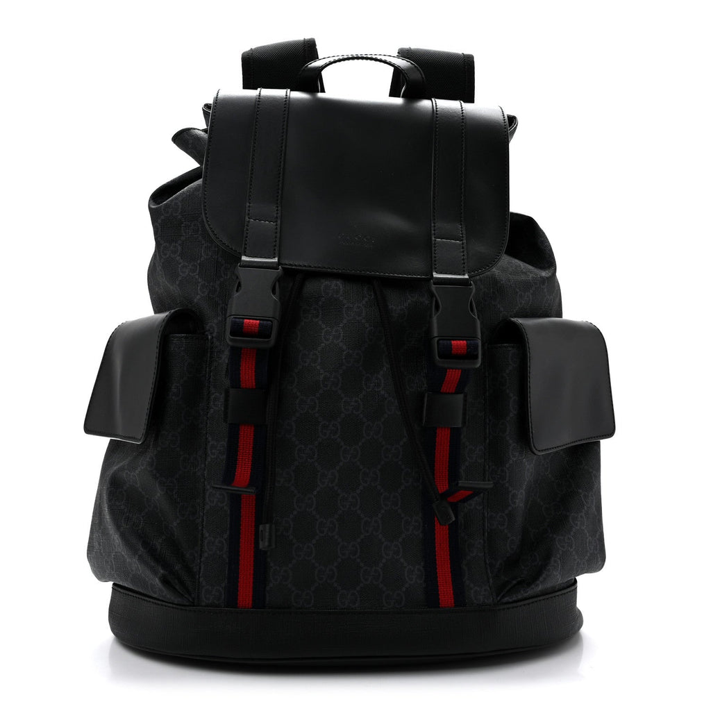 Soft GG Supreme Monogram Calfskin Web Double Buckle Backpack Black