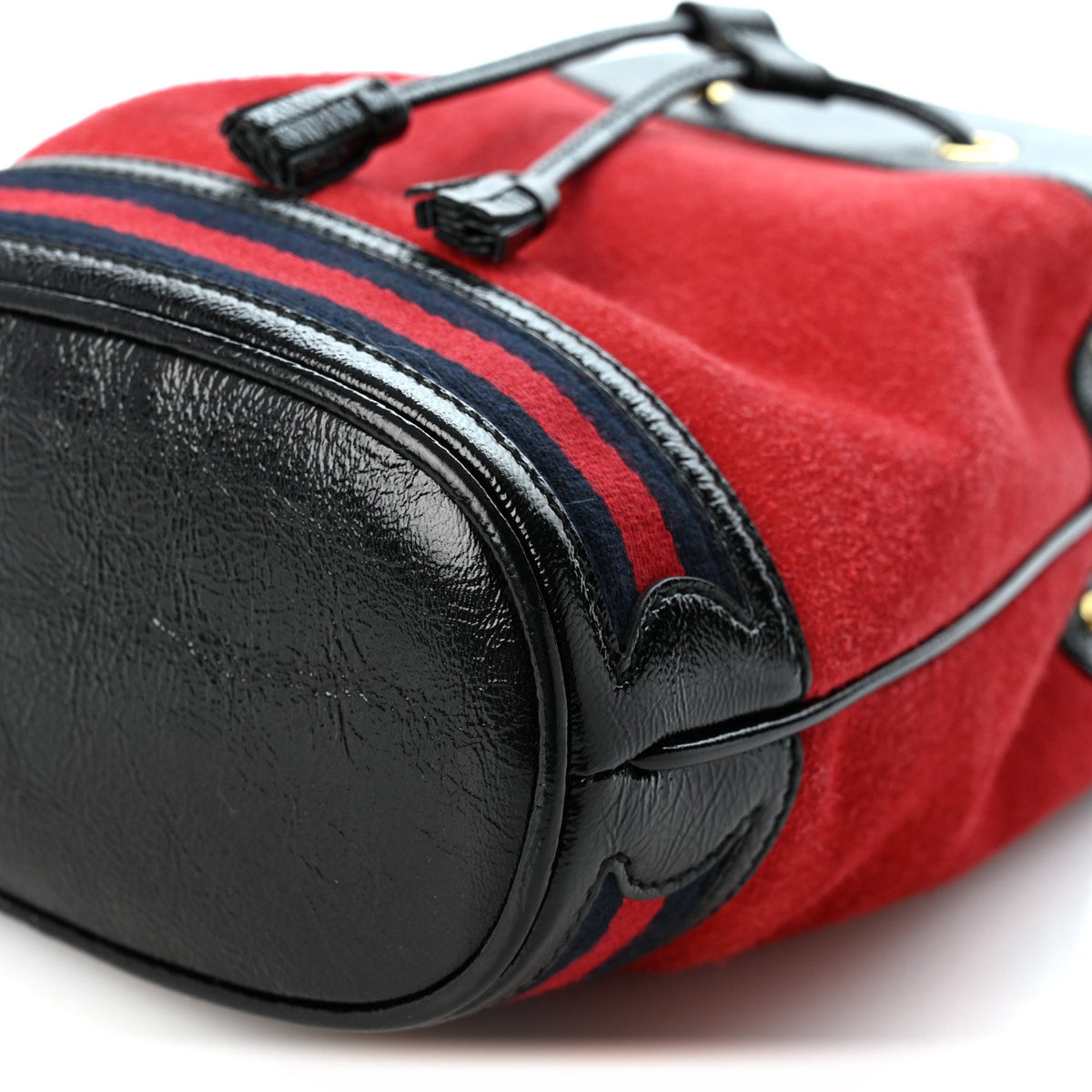 Suede Patent Web Small Ophidia Bucket Bag Hibiscus Red Black