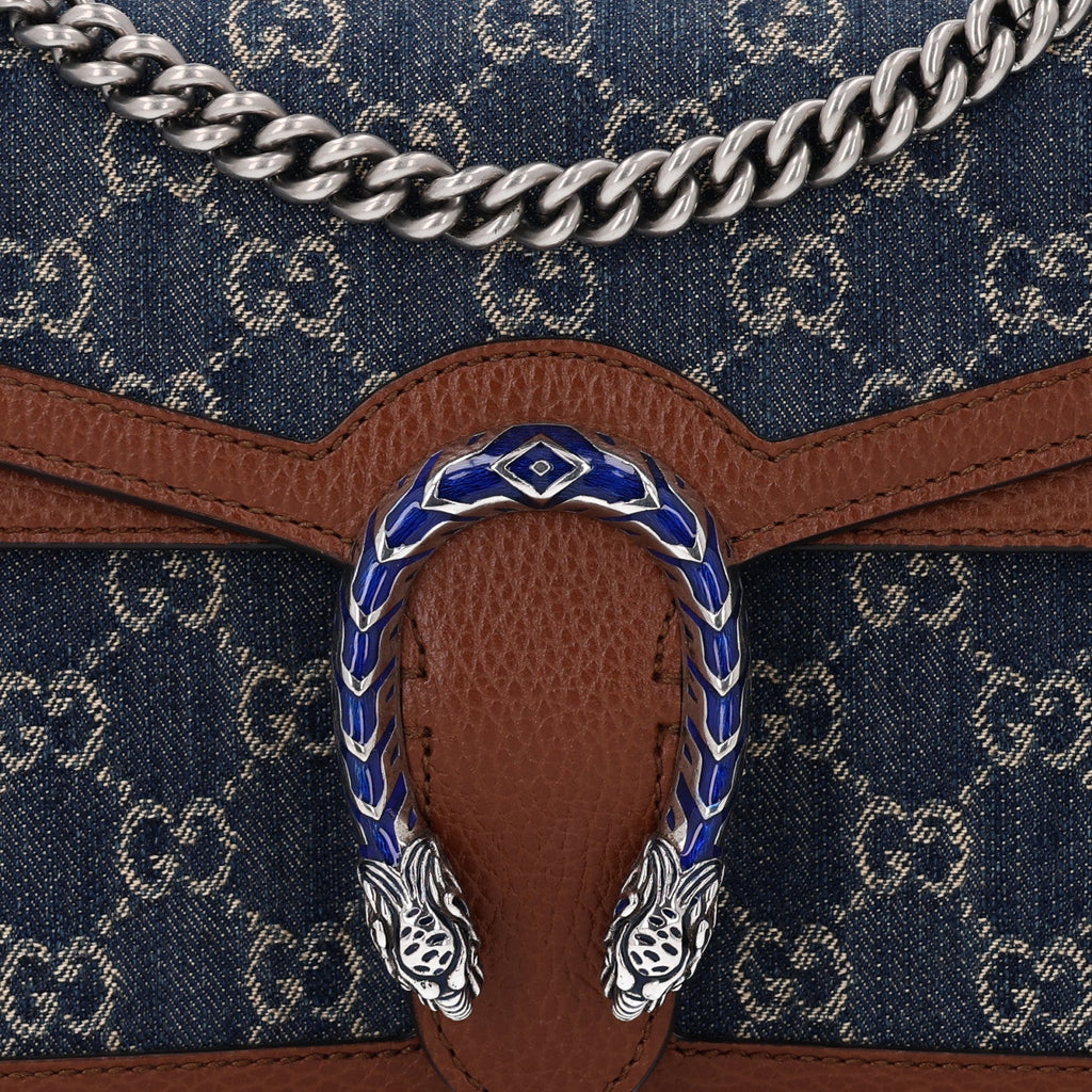 New Denim GG Monogram Dollar Calfskin Enamel Small Dionysus Shoulder Bag Blue Tea Cuir Epilog Electric Blue