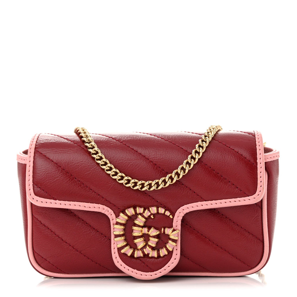 Azalea Calfskin Enamel Matelasse Diagonal Super Mini Torchon GG Marmont Shoulder Bag New Cherry Red Wild Rose