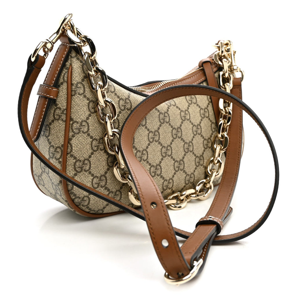 GG Supreme Monogram Textured Calfskin Small Emblem Shoulder Bag Beige Dark Brown