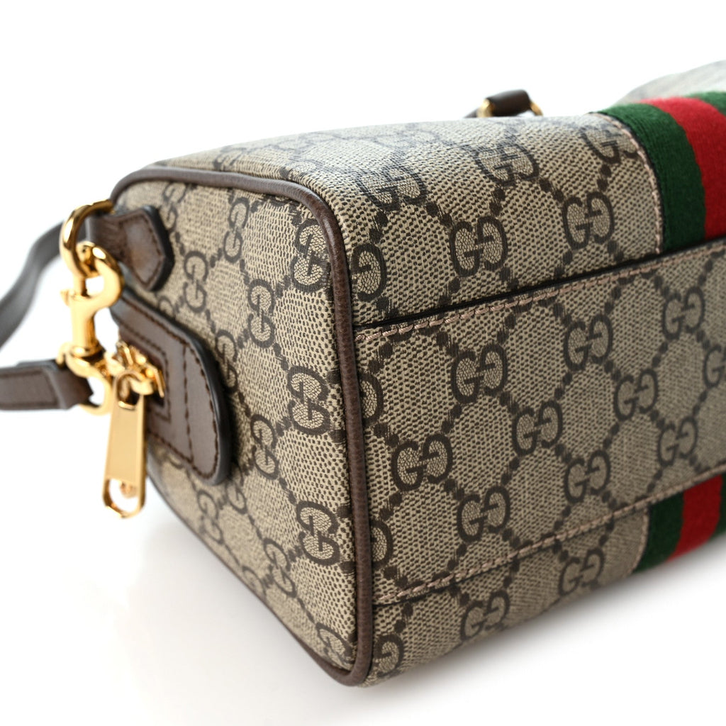 GG Supreme Monogram Textured Dollar Calfskin Web Mini Ophidia Top Handle Bag Beige Ebony New Acero