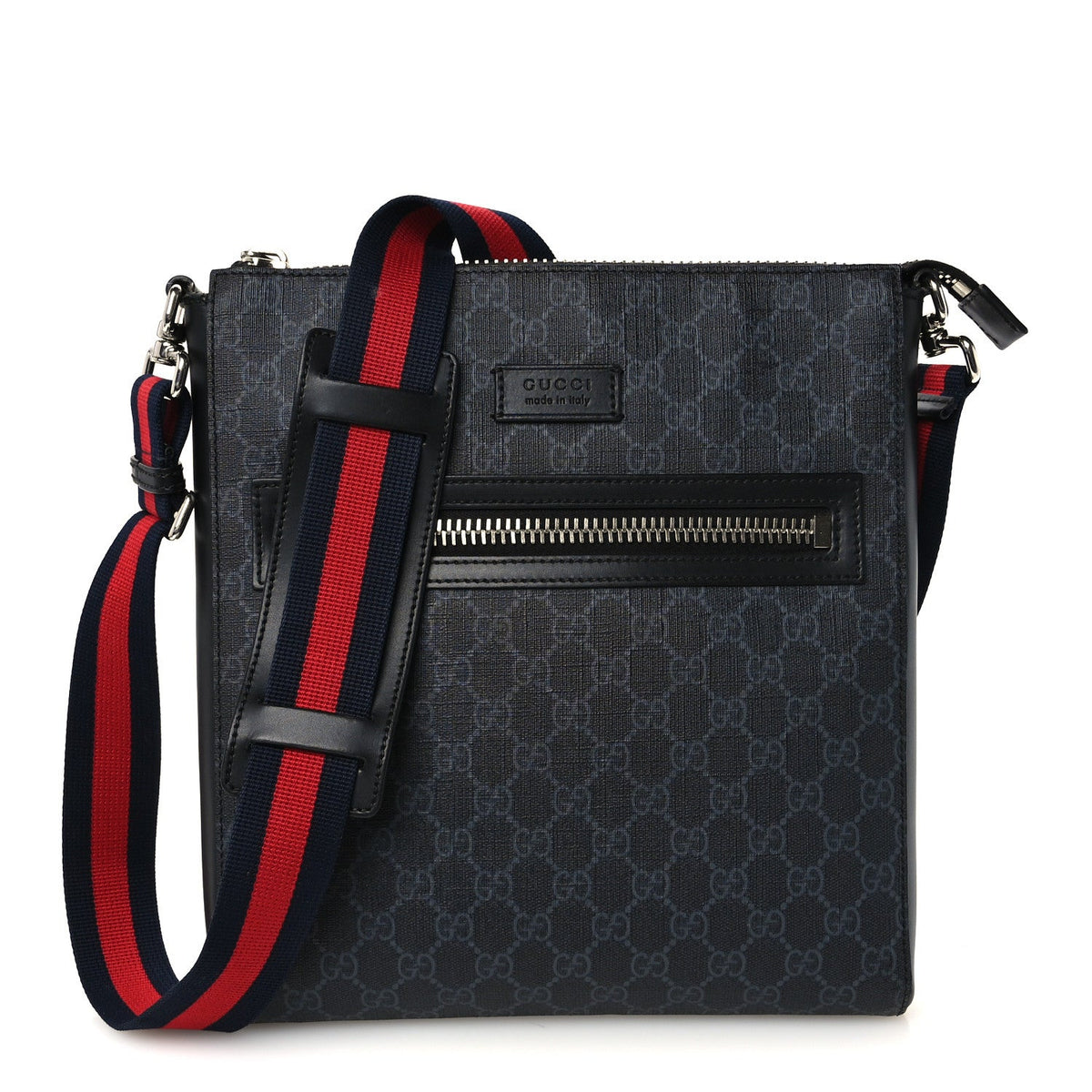 GG Supreme Monogram Appia Calfskin Web Flat Messenger Bag Black Grey