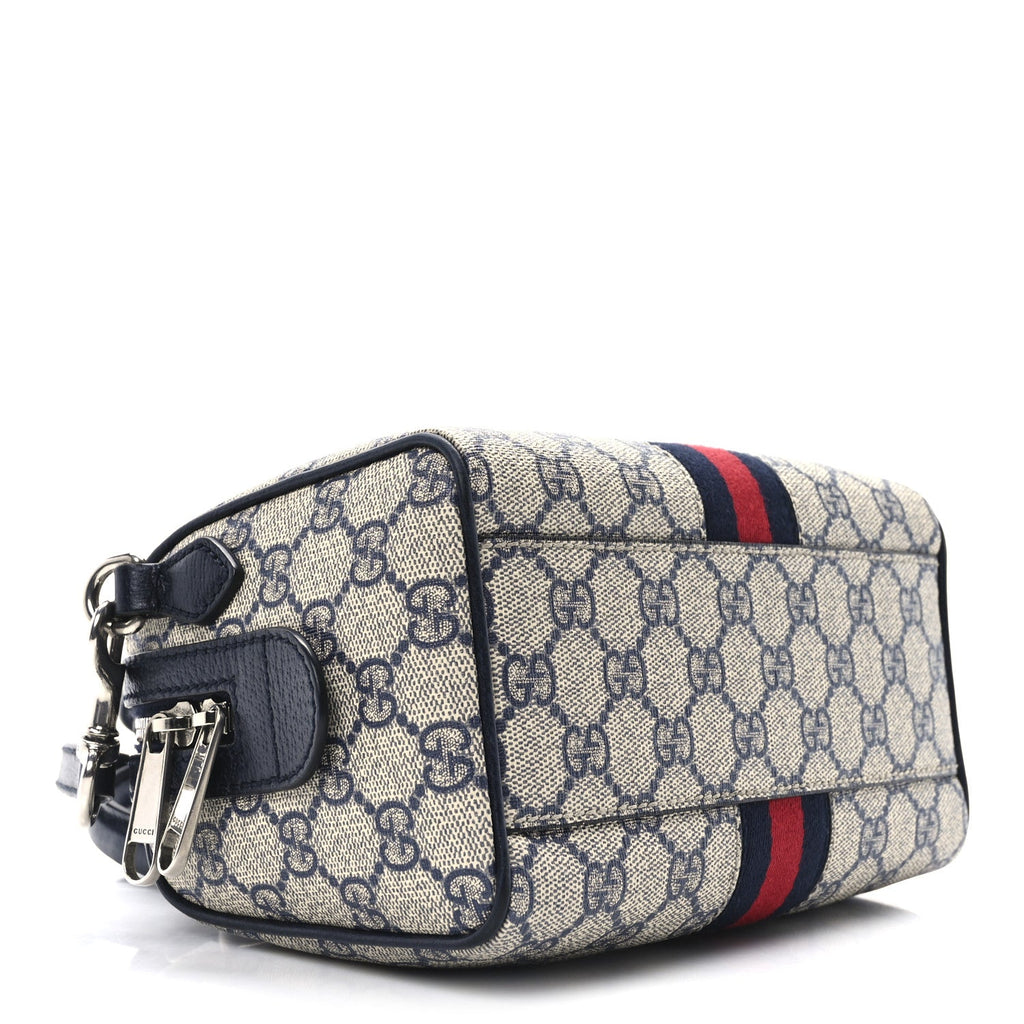 GG Supreme Monogram Textured Dollar Calfskin Web Mini Ophidia Top Handle Bag Beige Blue