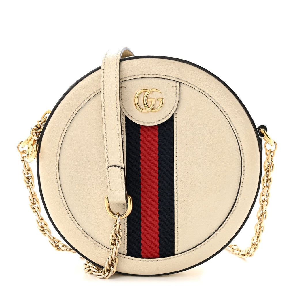 Textured Calfskin Web Mini Ophidia Round Shoulder Bag Mystic White