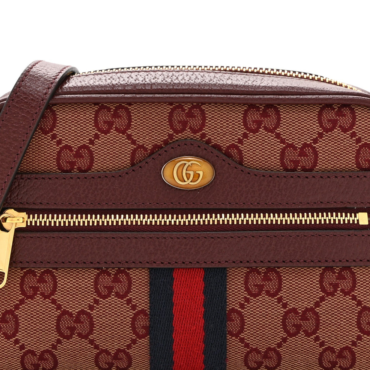 Monogram Textured Dollar Calfskin Web Mini Ophidia Shoulder Bag Sahara Rubino Chardonnay