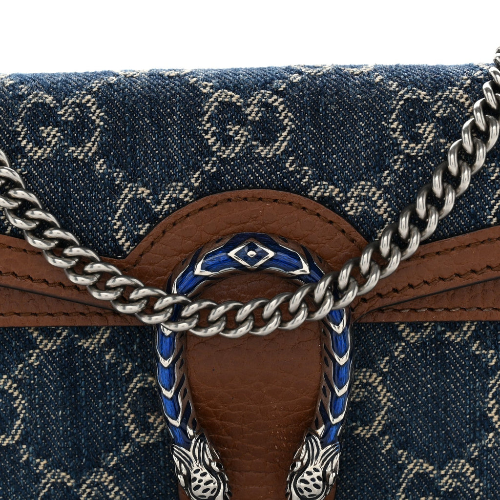New Denim GG Monogram Dollar Calfskin Enamel Super Mini Dionysus Shoulder Bag Blue Tea Cuir Epilog Electric Blue