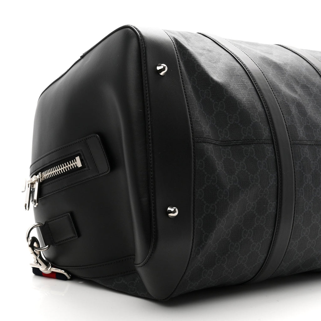 Soft GG Supreme Monogram Appia Calfskin Web Large Carry On Duffle Bag Black Grey