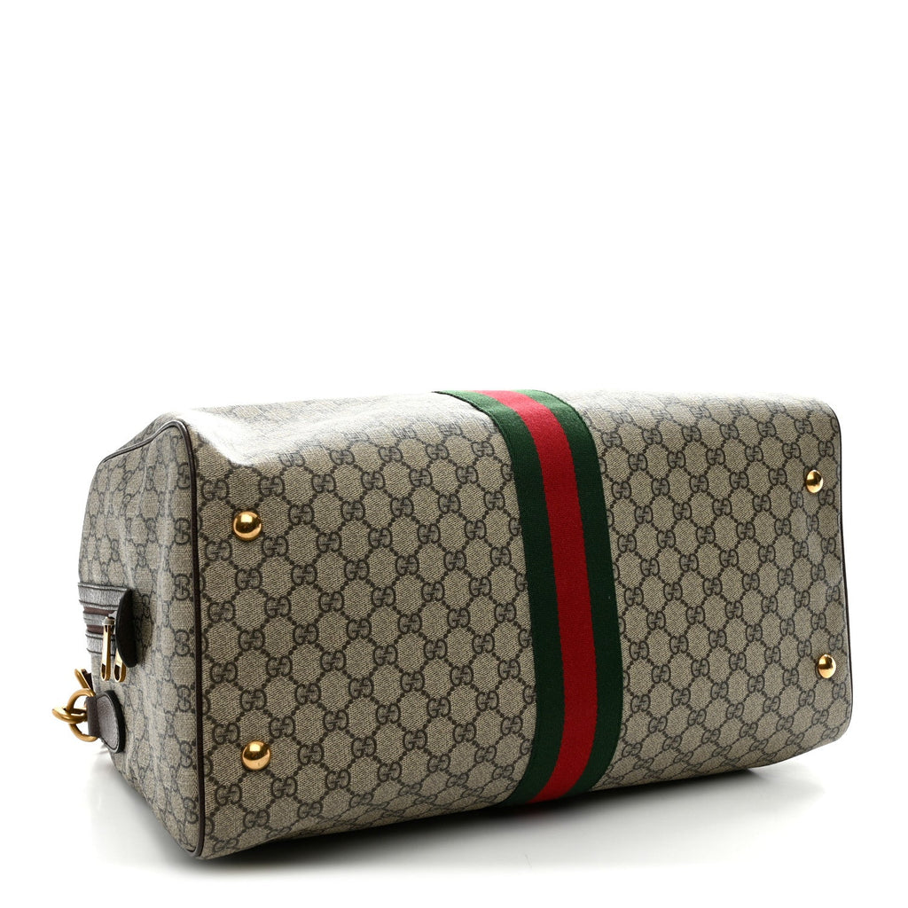 GG Supreme Monogram Textured Dollar Calfskin Web Medium Ophidia Carry-On Duffle Bag Beige Ebony New Acero