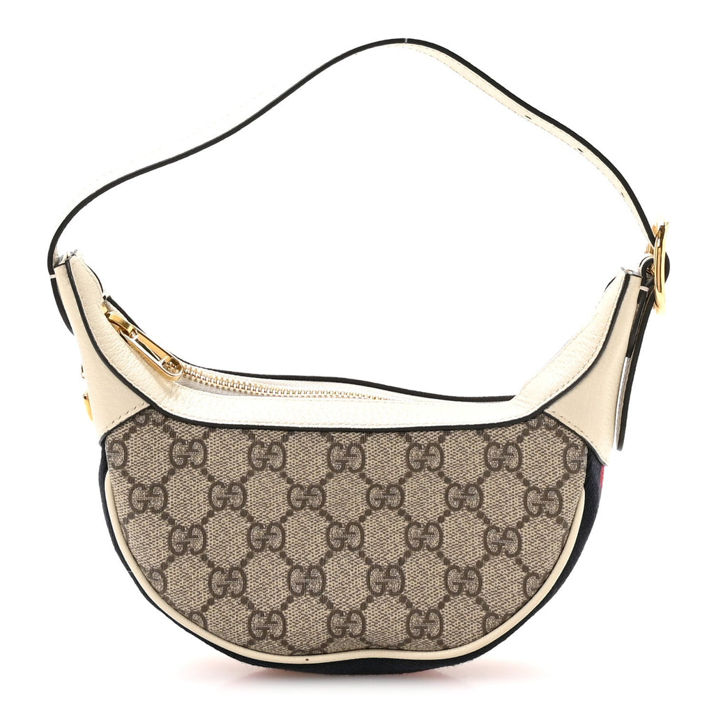GG Supreme Monogram Textured Dollar Calfskin Web Mini Ophidia Half Moon Hobo Beige Ebony Mystic White