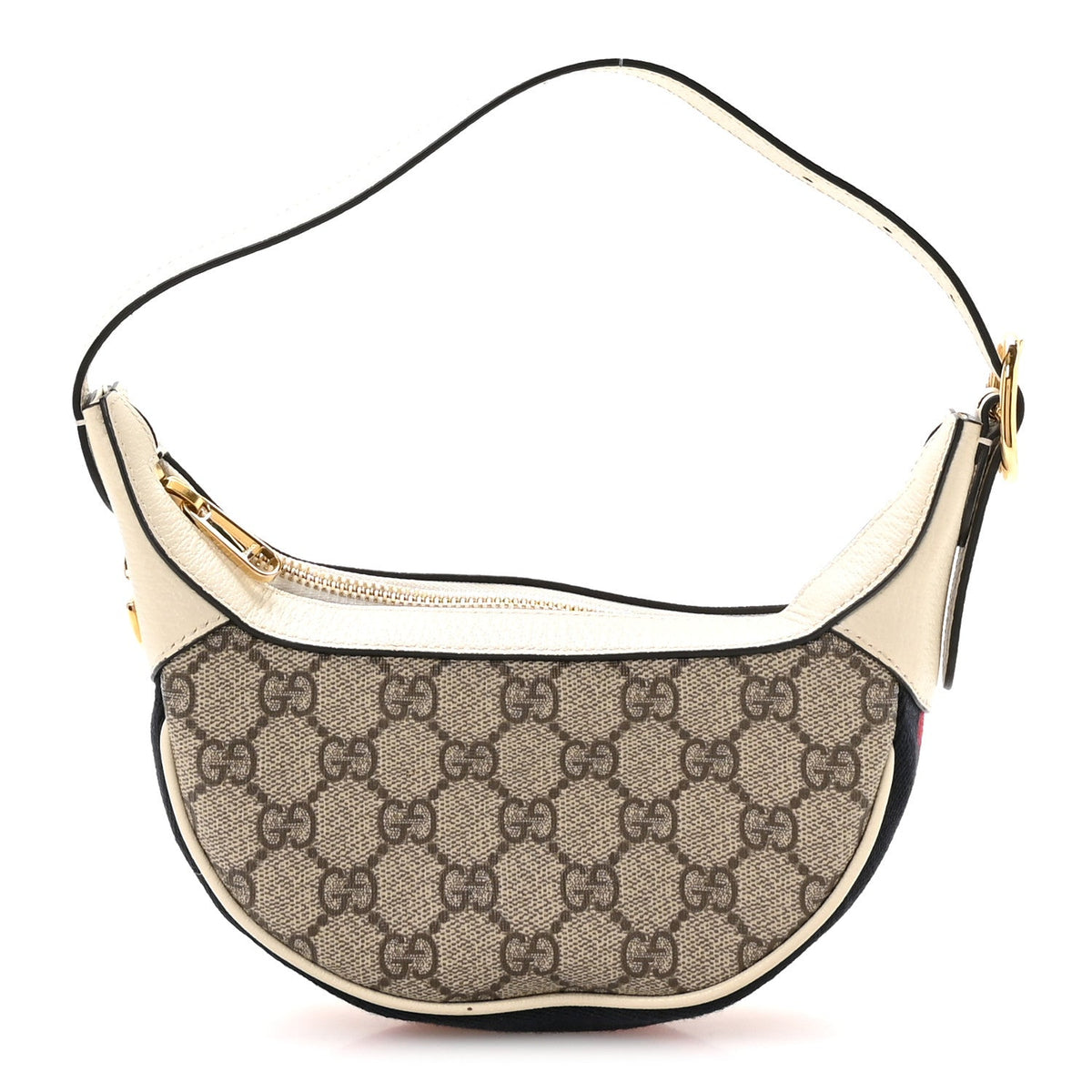 GG Supreme Monogram Textured Dollar Calfskin Web Mini Ophidia Half Moon Hobo Beige Ebony Mystic White