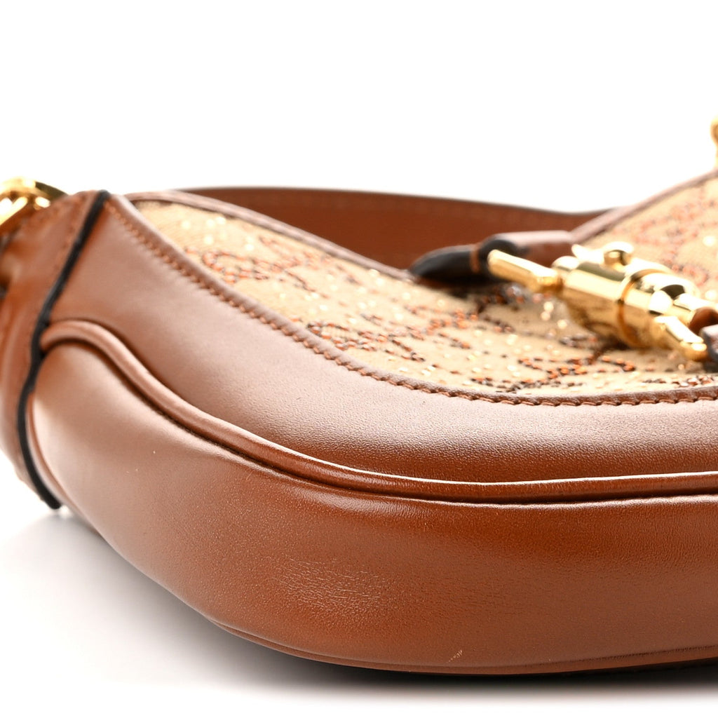 New Canvas Charisma Calfskin Crystal GG Monogram Mini Jackie 1961 Hobo Camel Ebony
