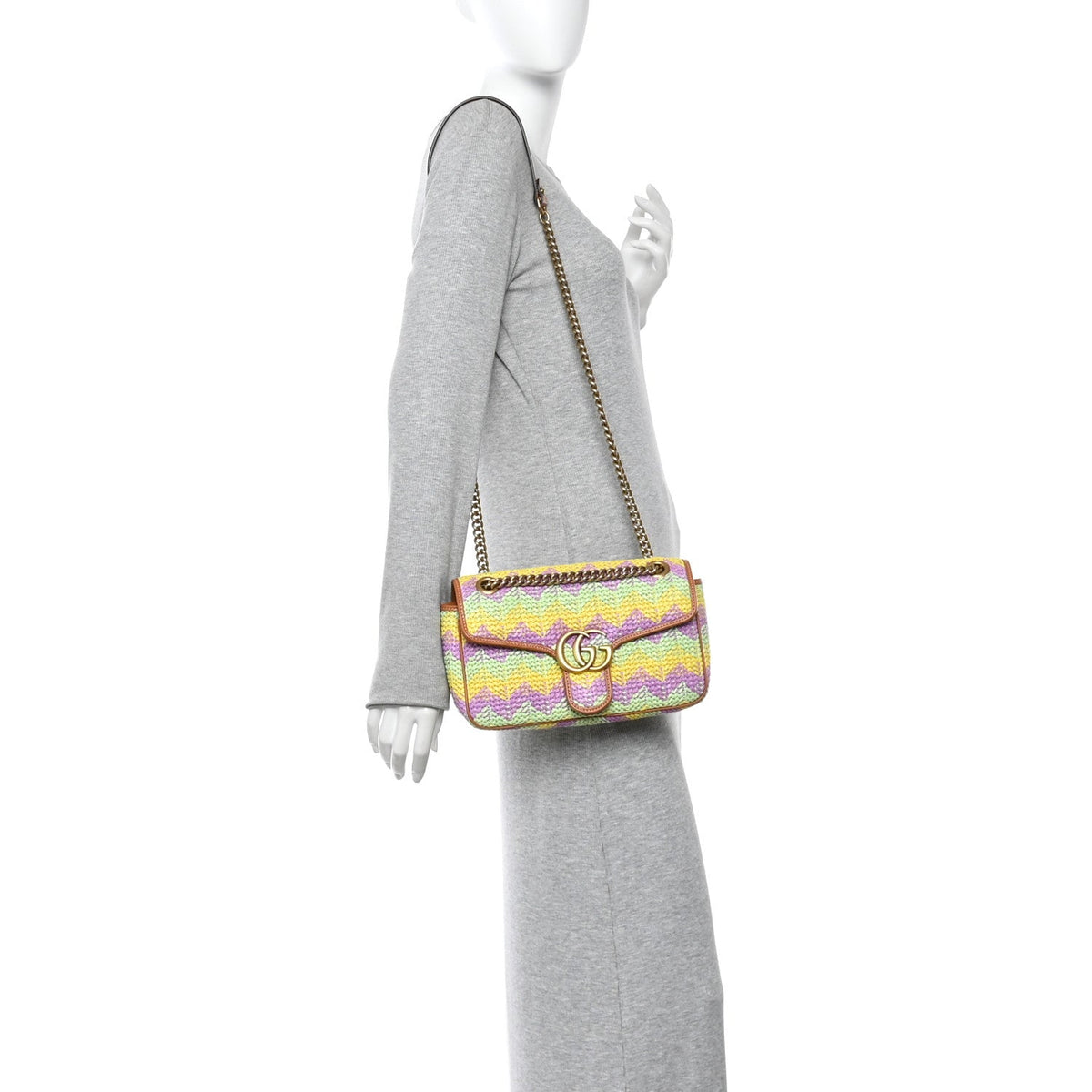 Calfskin Raffia Woven Small GG Marmont Shoulder Bag Multicolor