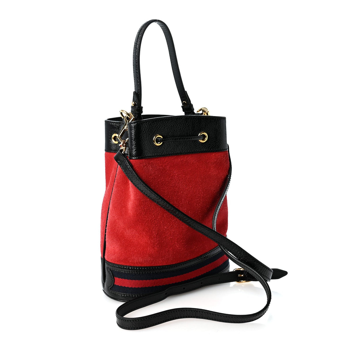 Suede Patent Web Small Ophidia Bucket Bag Hibiscus Red Black