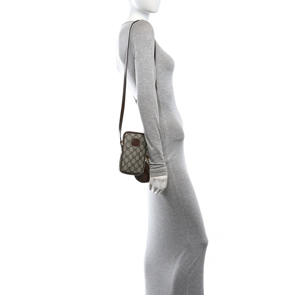 GG Supreme Monogram Textured Calfskin Retro Interlocking G Phone Crossbody Bag Ebony Brown Sugar