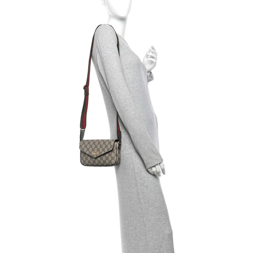 GG Supreme Monogram Textured Dollar Calfskin Web Mini Ophidia Envelope Shoulder Bag Beige Ebony