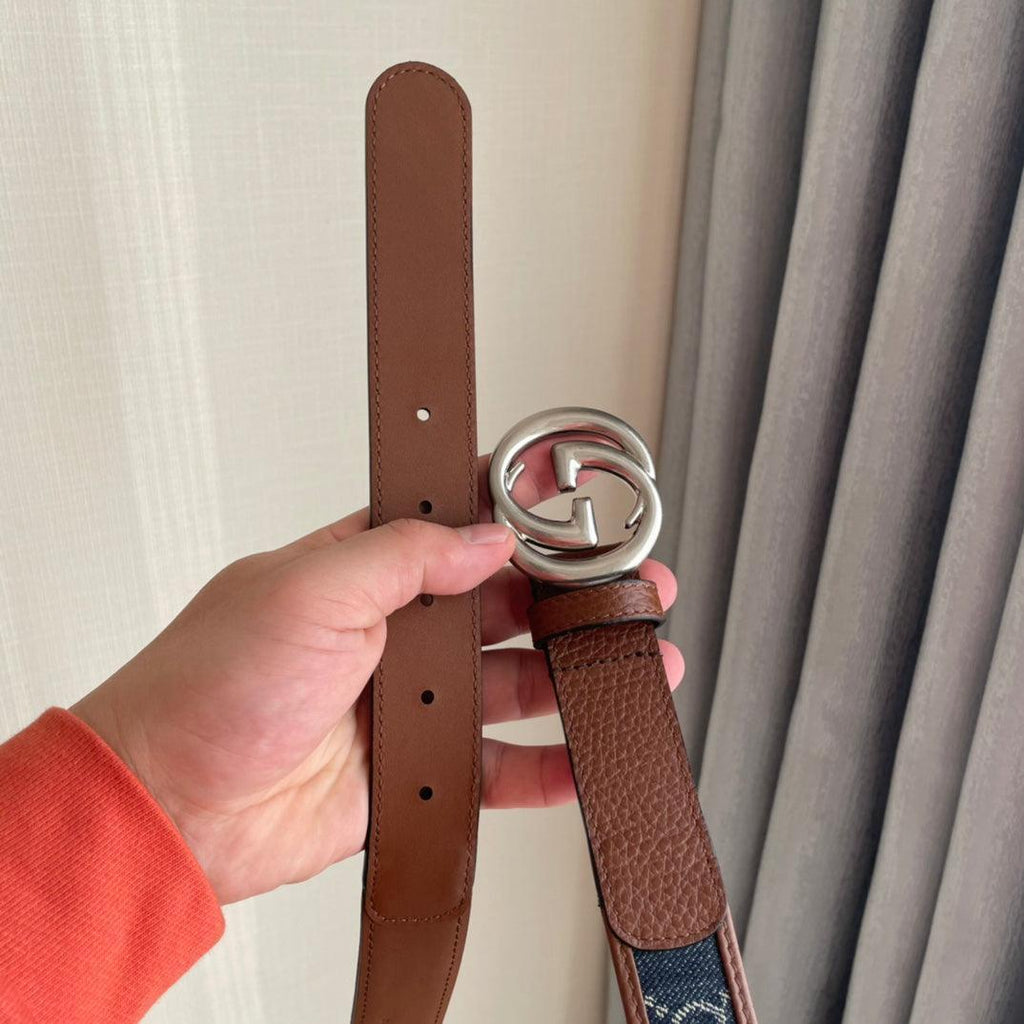 GUCCI Embellished coated-canvas and leather belt 'Brown/Blue'