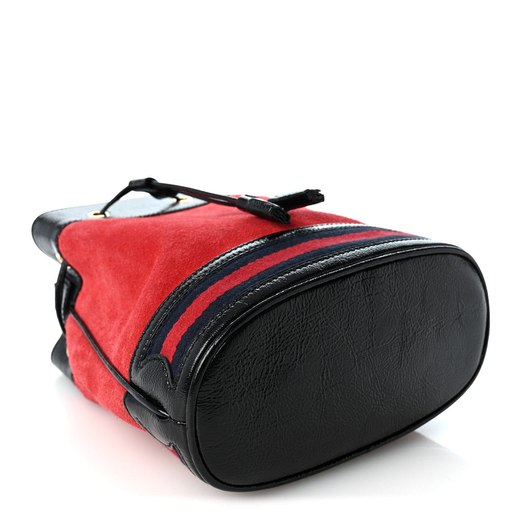 Suede Patent Web Small Ophidia Bucket Bag Hibiscus Red Black