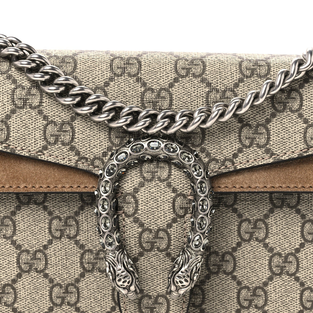 GG Supreme Monogram Suede Crystal Small Dionysus Shoulder Bag Beige Ebony Taupe