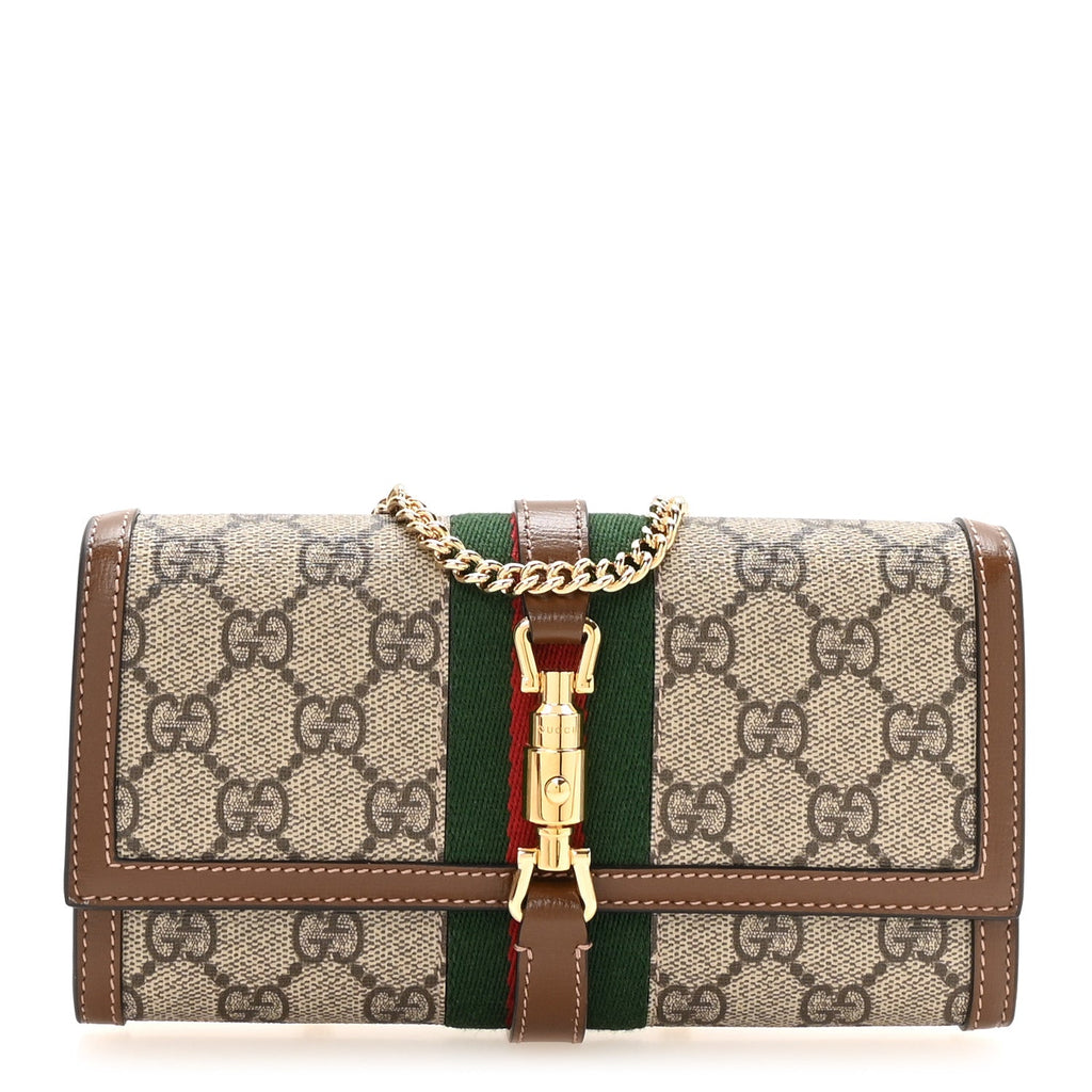 GG Supreme Monogram Azalea Calfskin Web Jackie 1961 Chain Wallet Beige Ebony Brown Sugar