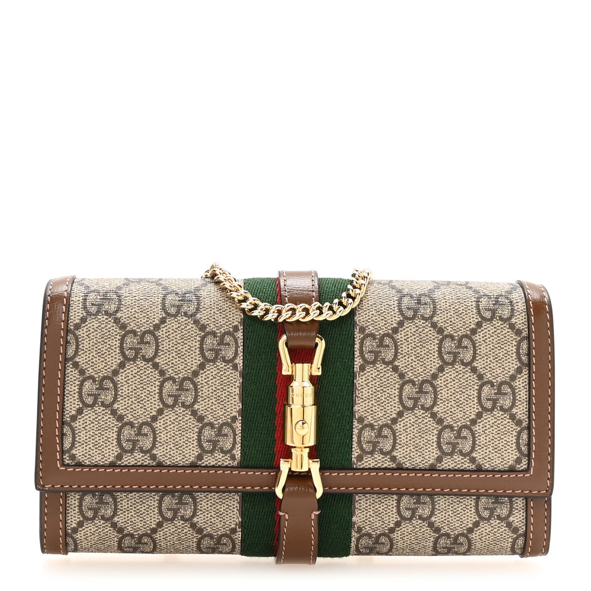 GG Supreme Monogram Azalea Calfskin Web Jackie 1961 Chain Wallet Beige Ebony Brown Sugar