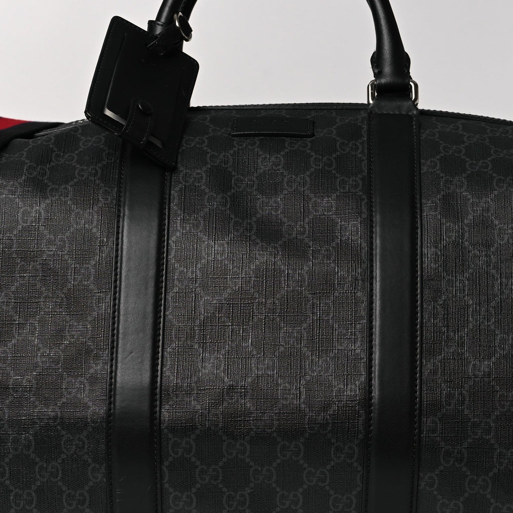 Soft GG Supreme Monogram Appia Calfskin Web Large Carry On Duffle Bag Black Grey