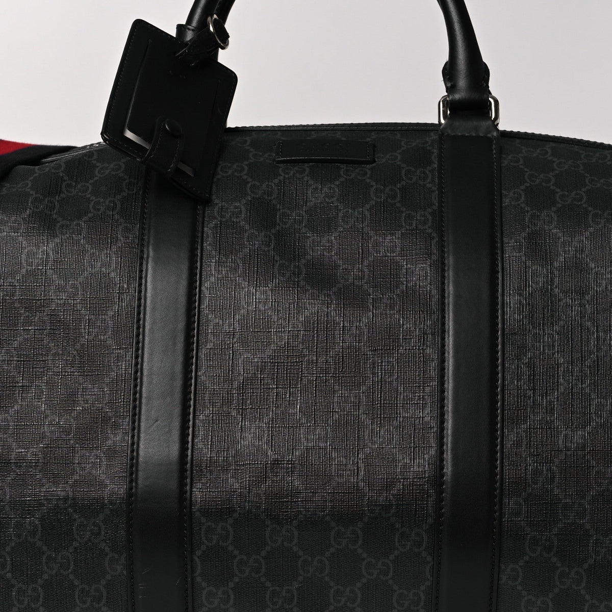 Soft GG Supreme Monogram Appia Calfskin Web Large Carry On Duffle Bag Black Grey
