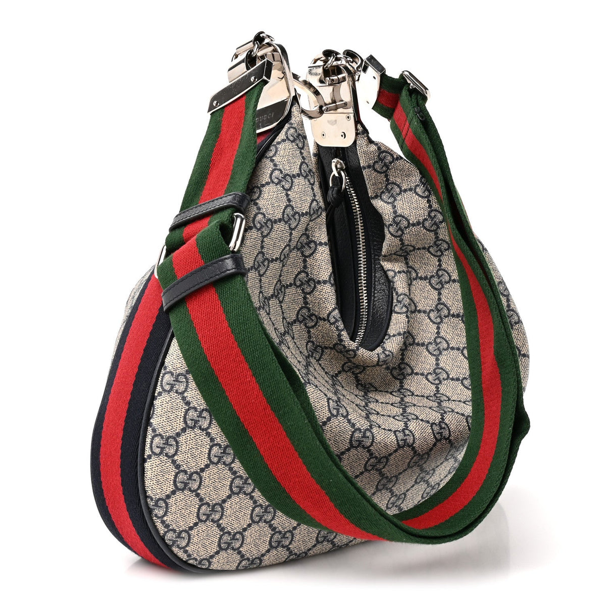 GG Supreme Monogram Textured Calfskin Web Large Attache Shoulder Bag Beige Blue