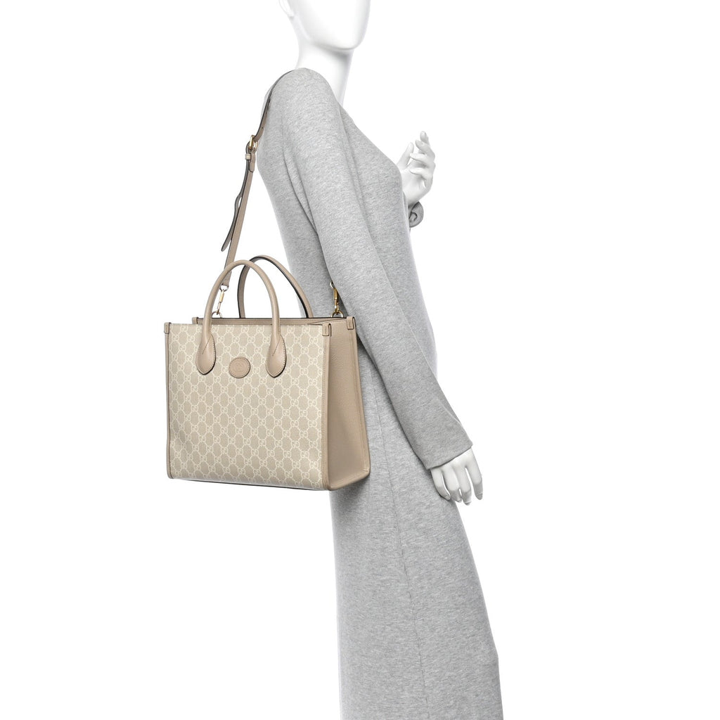 GG Supreme Monogram Textured Dollar Calfskin Small Retro Interlocking G Tote Bag Beige Mystic White Oatmeal