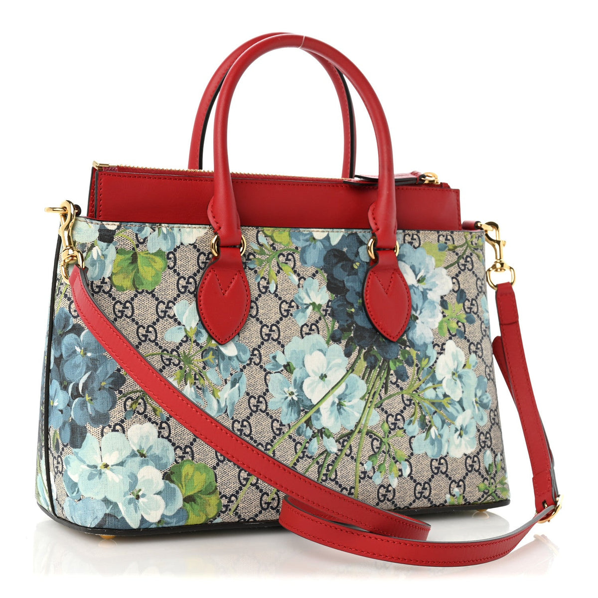 GG Supreme Monogram Blooms Small Zip Top Tote Beige Blue Navy Hibiscus Red