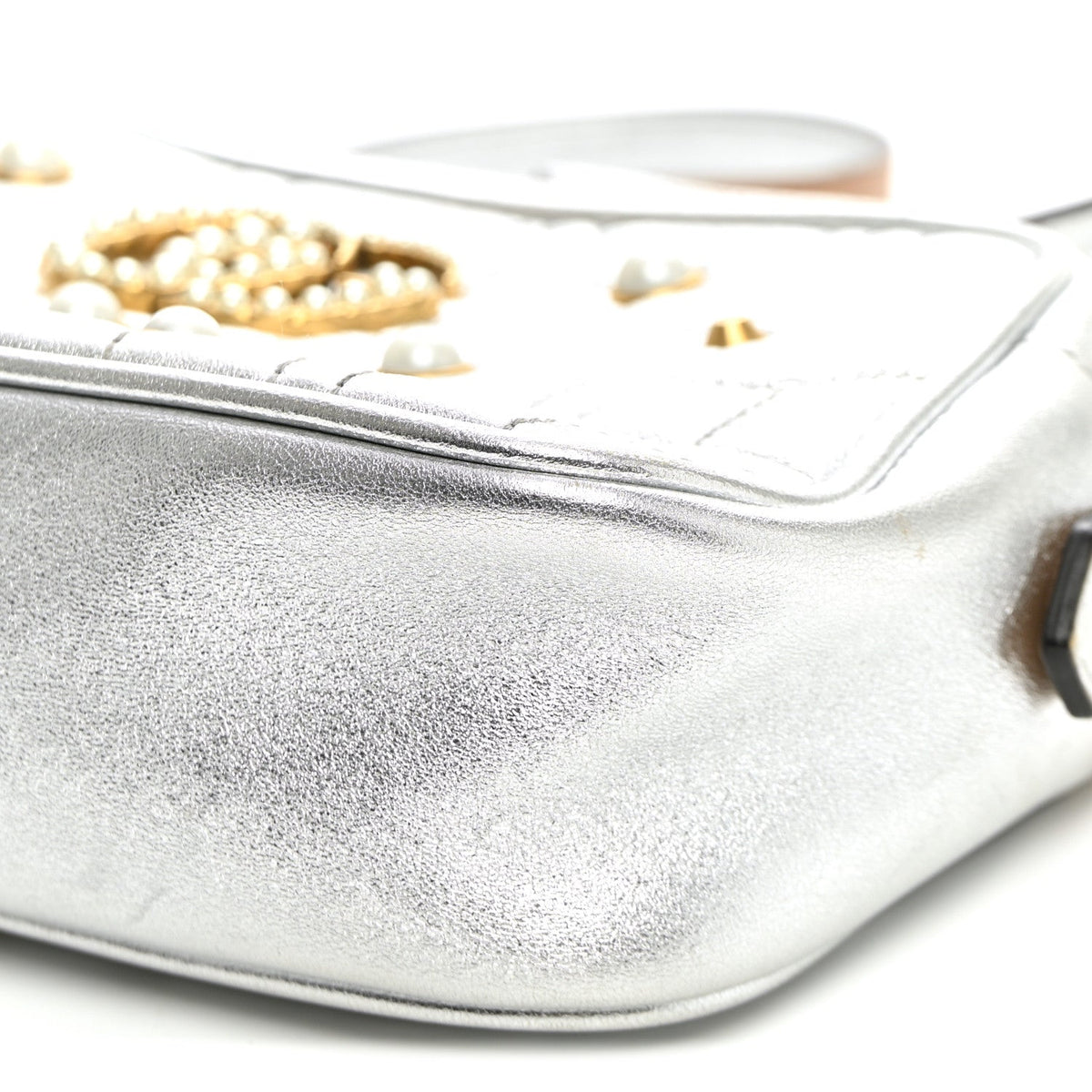Metallic Calfskin Matelasse Studded Small Pearly GG Marmont Chain Shoulder Bag Silver
