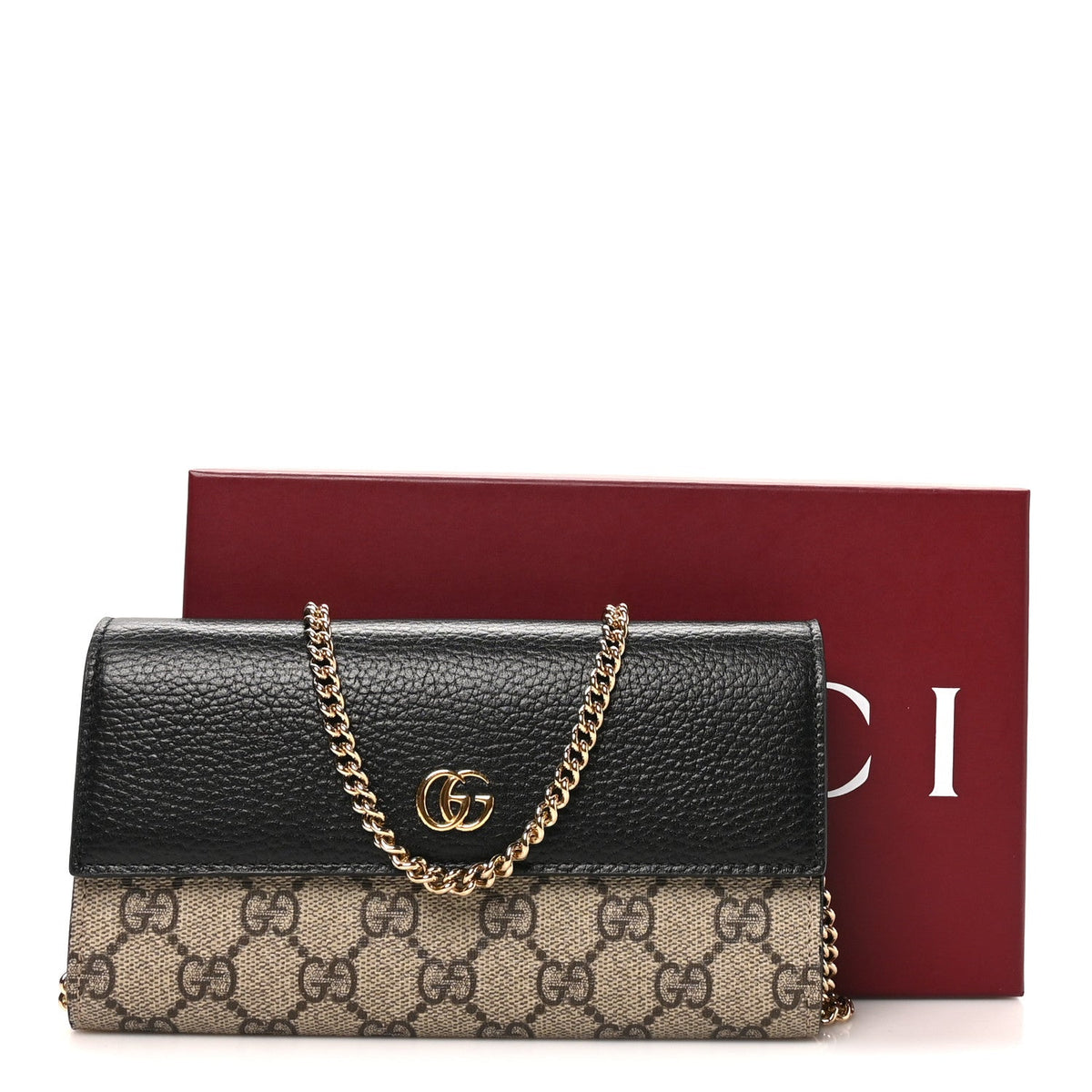 Dollar Calfskin GG Supreme Monogram Petite GG Marmont Wallet Chain Bag Black Beige Ebony