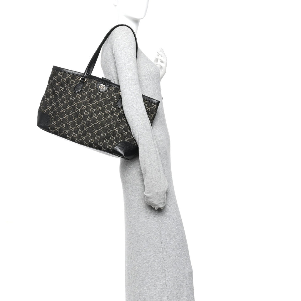 Jacquard Black Denim GG Monogram Medium Ophidia Shopping Tote Black Ivory