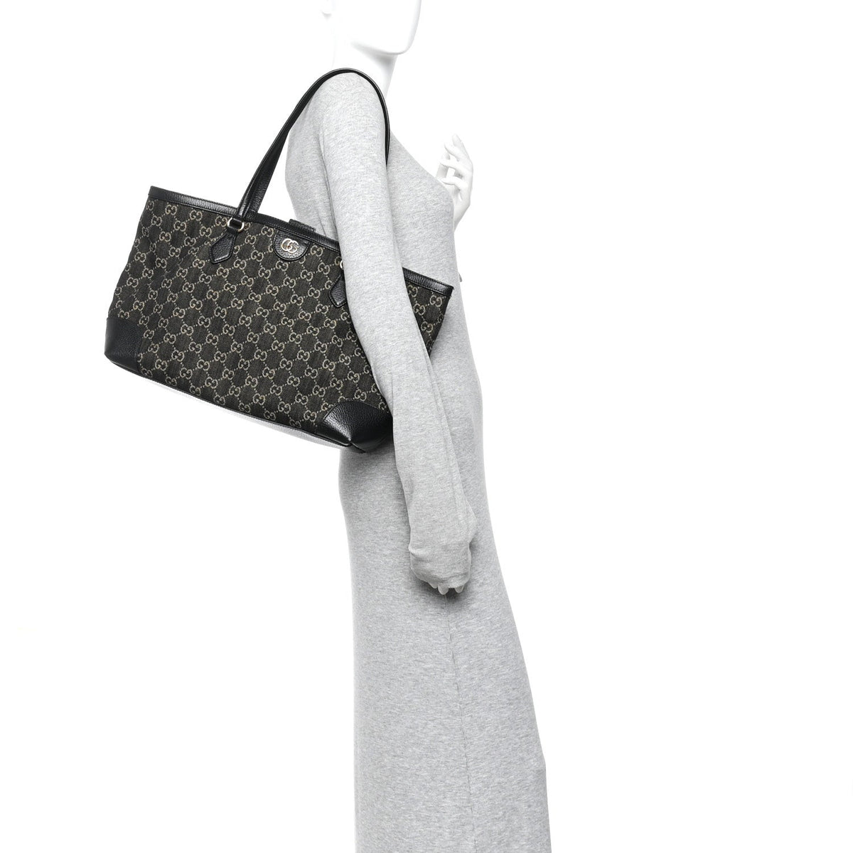 Jacquard Black Denim GG Monogram Medium Ophidia Shopping Tote Black Ivory