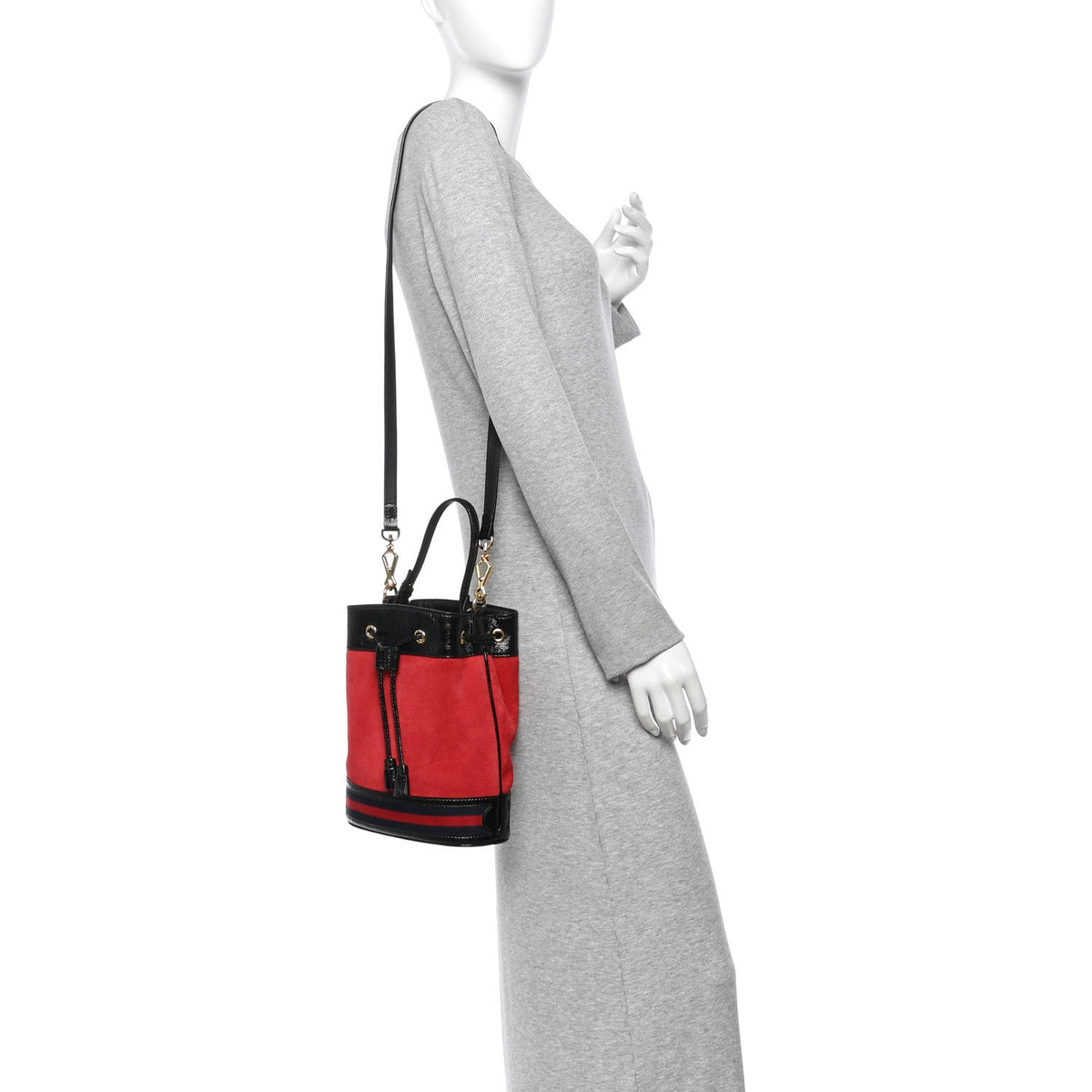 Suede Patent Web Small Ophidia Bucket Bag Hibiscus Red Black