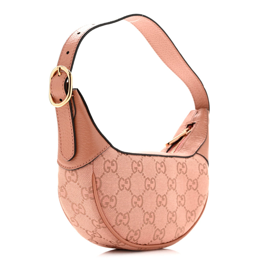 GG Supreme Monogram Textured Calfskin Web Mini Ophidia Half Moon Hobo Rose Pink