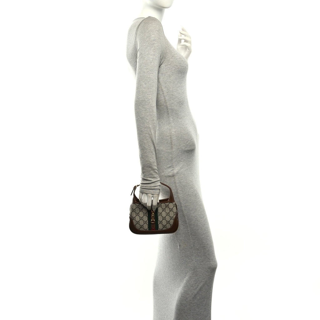 GG Supreme Monogram Azalea Calfskin Web Mini Jackie 1961 Hobo Beige Ebony Brown Sugar